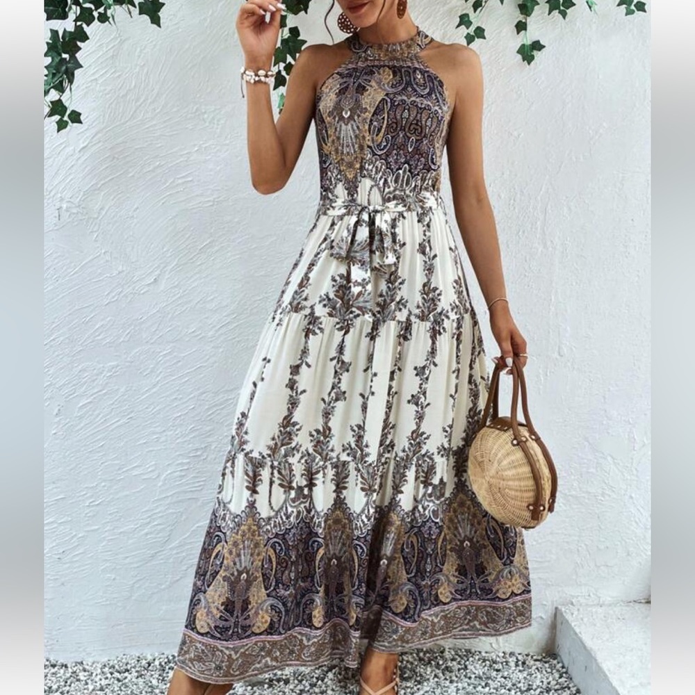Boho Floral Paisley Print Sleeveless Halter Dress - Picture 4 of 6